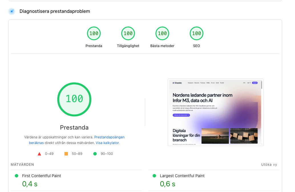 Skärmbild från pagespeed-test av elvenite.se